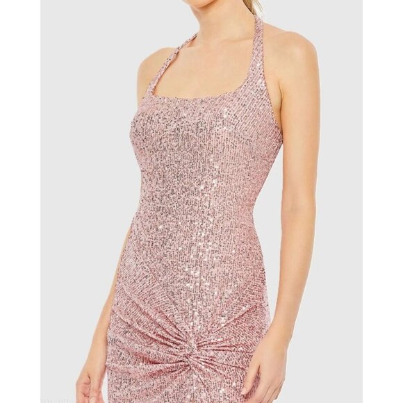 NWT Leena for Mac Duggal Pink Sequined Halter Strap Low Side Knot Gown Size 8 - Picture 3 of 16